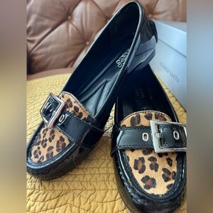 Black Franco Sarto Shilo Flats 7.5 Calf Skin Leopard Print EUC